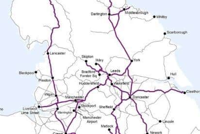 The Network Rail map showing the extent of planned closures of rail lines in Yorkshire next week on strike days. The purple lines indicate open lines and the grey those closed to passenger services.