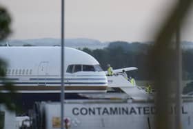 A Boeing 767 aircraft at MoD Boscombe Down, near Salisbury, which is believed to be the plane that had been due to take asylum seekers from the UK to Rwanda.