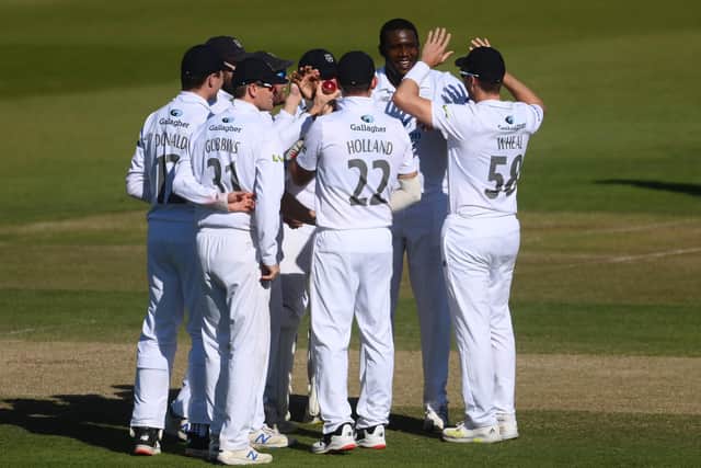 Keith Barker of Hampshire celebrates with team mates after dismissing Harry Brook of Yorkshire during the LV= Insurance County Championship match between Hampshire and Yorkshire at Ageas Bowl. (Picture: Mike Hewitt/Getty Images)