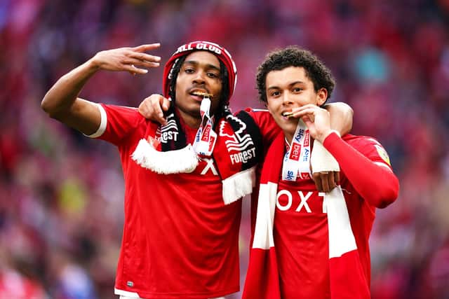 File photo dated 29-05-2022 of Nottingham Forest's Djed Spence (left) and Brennan Johnson celebrate after winning promotion to the Premier League. Nottingham Forest will mark their return to the Premier League with a trip to Newcastle. (Picture: Mike Egerton/PA Wire)
