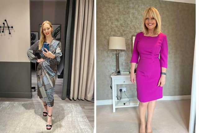 Emily Gray, stylist at John Lewis Leeds, and TV presenter and journalist Christine Talbot, wearing the dresses they are donating to the Smart Works Leeds fashion sale at the Corn Exchange.