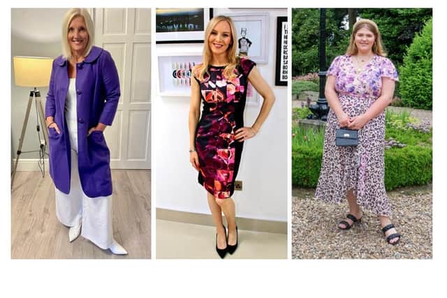 L-R: Journalist and presenter Sally Simpson, radio presenter Stephanie Hirst and personal stylist Victoria Thewlis wearing the dresses they are donating to the Smart Works Leeds fashion sale at the Corn Exchange.