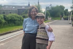 Austin Haynes on the set of The Railway Children Return with actor Jenny Agutter.