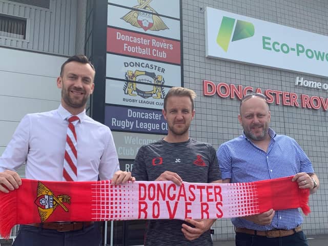 Left to right: Club Doncaster chief commercial officer Jon Warburton, head of football operations James Coppinger and Red Viking Rail director Kevin Baker. Picture courtesy of Club Doncaster.