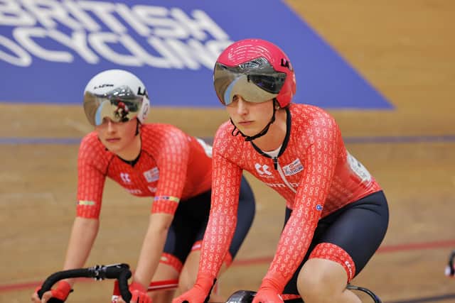 Maddie Leech riding with Laura Kenny at the Tissot UCI Track Nations Cup, Round 1: in Glasgow in APril (Picture: SWPix.com)