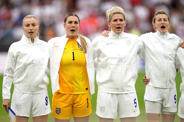 England's Leah Williamson (left), goalkeeper Mary Earps, Millie Bright and Ellen White (right) before the women's international friendly match with Belgium at Molineux ion Thursday (Picture: Nick Potts/PA)