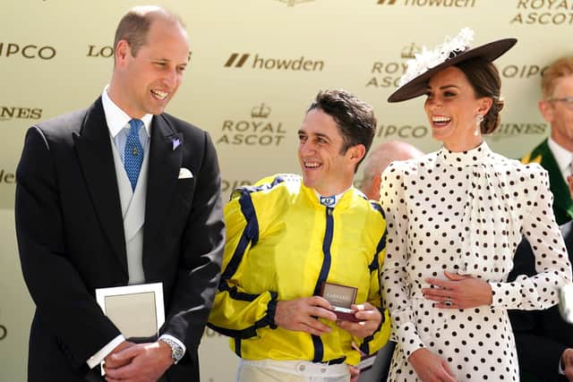 Winning smile: Jockey Christophe Soumillon (centre) with The Duke of Cambridge (left) and The Duchess of Cambridge after winning the Commonwealth Cup. Picture: David Davies/PA Wire.