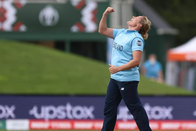 Katherine Brunt from England appeals successfully for an LBW during the 2022 ICC Women's Cricket World Cup match between England and Pakistan at Hagley Oval on March 24, 2022 in Christchurch, New Zealand. (Picture: Peter Meecham/Getty Images)