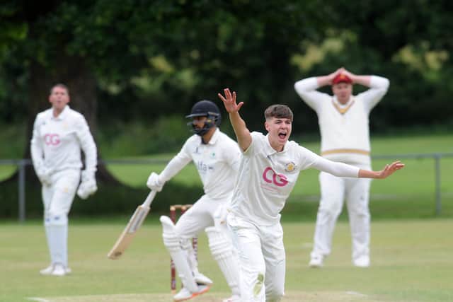 Hall Park bowler Jacob Phillips unsuccesful lbw appeal against Rohan Ratalingam of New Rover (Picture: Steve Riding)