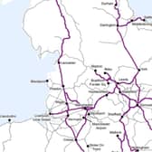 The purple lines show where train services will operate on the days of the strike - but even these services will be vastly limited