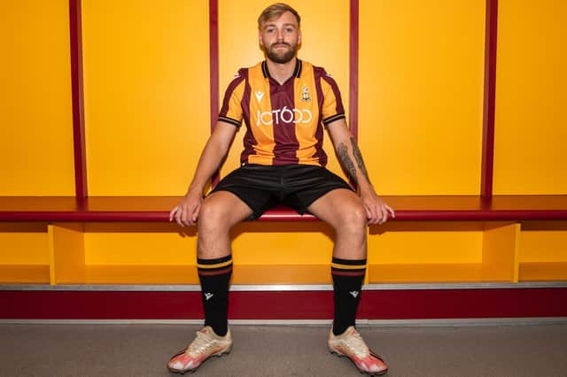 New signing Harry Chapman, unveiled in the club's all-new 'Own It' 2022-23 home strip. Picture courtesy of Bradford City AFC.