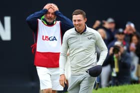 Sheffield's Matt Fitzpatrick celebrates winning alongside caddie Billy Foster on the 18th green. (Photo by Andrew Redington/Getty Images)