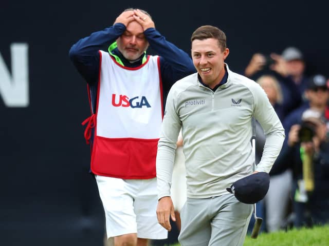 Sheffield's Matt Fitzpatrick celebrates winning alongside caddie Billy Foster on the 18th green. (Photo by Andrew Redington/Getty Images)
