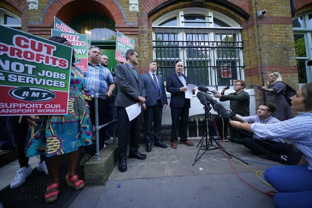 Mick Lynch, General Secretary of the Rail, Maritime and Transport (RMT) union giving a statement on national rail dispute at the RMT Trade Union headquarters in London. Trains will be disrupted due to industrial action as the RMT has announced industrial action on June 21, 23, and 25.