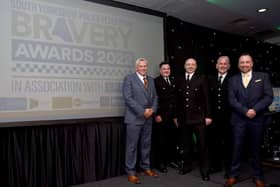 Sgt Stuart Greatwood, Sgt Gary Reece and PC Paul Reeder with Gary Collinson from sponsors The Northern Healthcare Scheme and Steve Kent, Chair of South Yorkshire Police Federation.