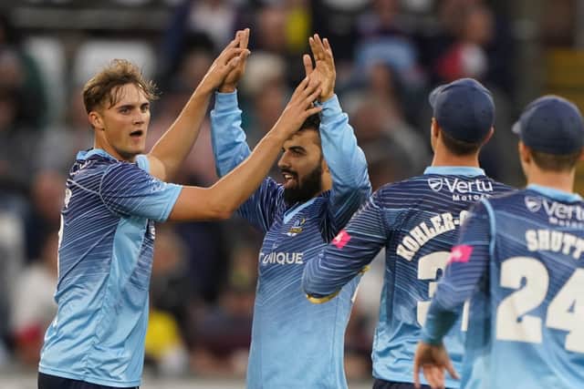 BRIGHT FUTURE: Yorkshire's Dom Leech (left) celebrates the wicket of Durham's Graham Clark during the Vitality Blast T20, North Group match at the Seat Unique Riverside on Friday Picture: Owen Humphreys/PA
