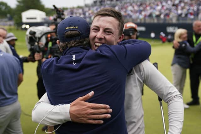 Sheffield's Matt Fitzpatrick celebrates with family and friends after winning the US Open at Brookline Picture: AP/Charles Krupa