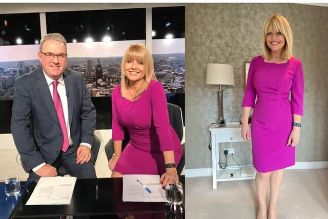 Christine wears the pink Working Wardrobe dress and, left, with former colleague Duncan Wood.