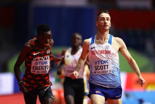 Marc Scott of Great Britain (R) compete in Heat 3 of the Men's 3000m during day one of the World Athletics Indoor Championships at the Belgrade Arena. (Picture: Michael Steele/Getty Images)