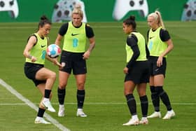 England players, from left, Lucy Bronze, Millie Bright, Jess Carter and Chloe Kelly during a media day at Elland Road, Leeds.  Picture: Nick Potts/PA Wire.