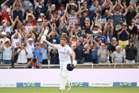 Jonny Bairstow of England celebrates reaching his century. (Photo by Alex Davidson/Getty Images)