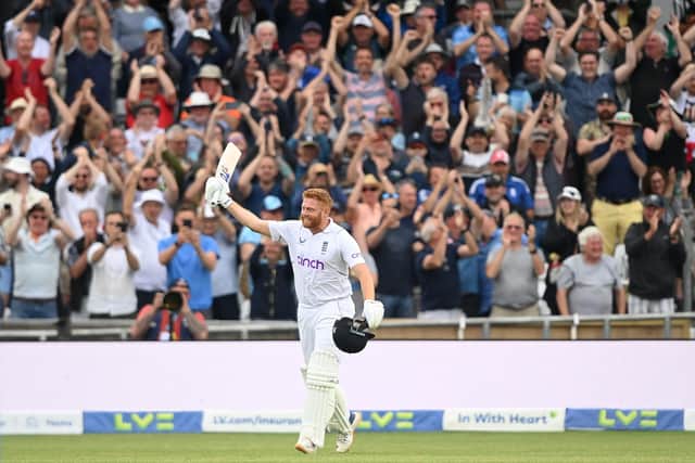 Jonny Bairstow of England celebrates reaching his century. (Photo by Alex Davidson/Getty Images)