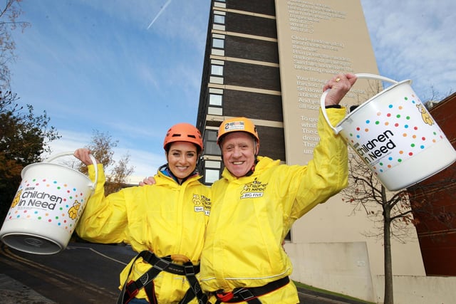 Harry Gration and Amy Garcia abseiled down Sheffield Hallam University's Owen Building as part of a five-stage challenge to raise money for Children in Need in 2016