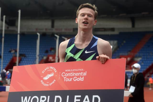 Max Burgin of Great Britain celebrates clocking a new world Lead time in the men's 800m at the IAAF Golden Spike 2021 Athletics meeting in Ostrava, Czech Republic, on May 19, 2021, a feat he managed again in 2022 in Finland. (Picture: Michal CIZEK / AFP for Getty Images)