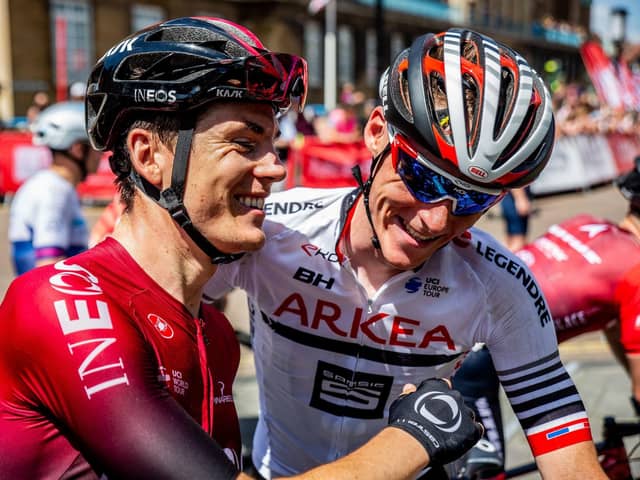 Family matters: Connor Swift, right, congratulates cousin Ben, left, after winning the British road race title in 2019. (Picture: SWPix.com)