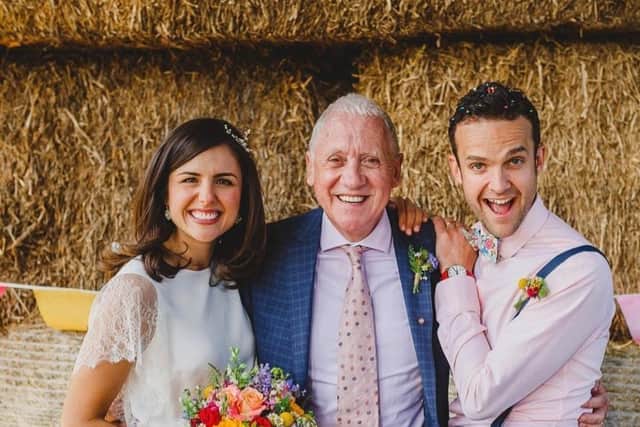 Harry Gration with Keeley Donovan and Johnny l'Anson on their wedding day in Knaresborough. (Credit: Keeley Donovan/Instagram)