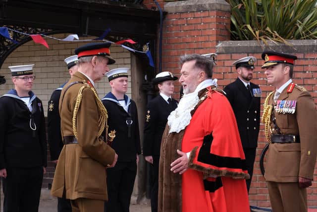 HRH Edward, Duke of Kent is greeted by Cllr Eric Broadbent. Photo:Richard Ponter Photography/Scarborough Borough Council