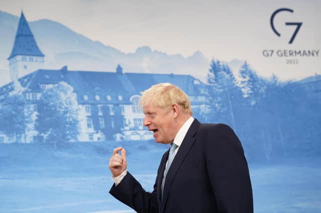 Prime Minister Boris Johnson taking part in TV interviews during the G7 summit in Schloss Elmau, in the Bavarian Alps, Germany.