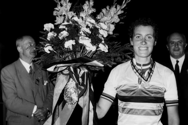 Beryl Burton (1937 - 1996) after winning the World Pursuit Championship at Liège in Belgium for the fourth time in five years, 8th August 1963. (Photo by Keystone/Hulton Archive/Getty Images)