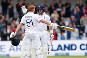 England's Jonny Bairstow (left) and Joe Root embrace at the end of the game after day five of the third LV= Insurance Test Series Match at Emerald Headingley Stadium, Leeds. (Picture: PA)