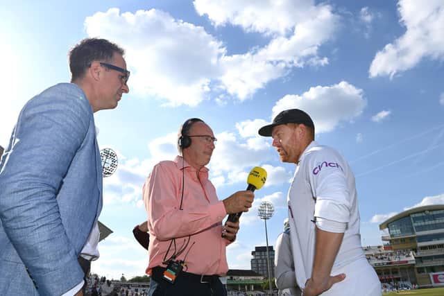 MICHAEL VAUGHAN: Watches on England batsman Jonny Bairstow is interviewed by Jonathan Agnew at Headingley. Picture: Getty Images.