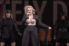 Rotherham-raised Rebecca Lucy Taylor stunned audiences at Glastonbury with a Madonna-esque conical corset modelled after Meadowhalll Shopping Centre. Image by BBC.