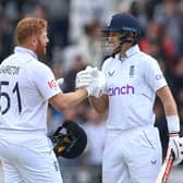 England batsmen Jonny Bairstow (l) and Joe Root celebrate victory after day five of the third Test Match between England and New Zealand  at Headingley on June 27, 2022. (Picture: Stu Forster/Getty Images)