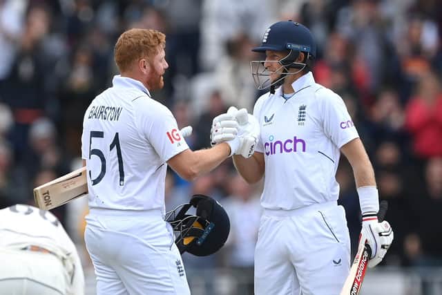 England batsmen Jonny Bairstow (l) and Joe Root celebrate victory after day five of the third Test Match between England and New Zealand  at Headingley on June 27, 2022. (Picture: Stu Forster/Getty Images)