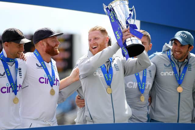 New era: England captain Ben Stokes lifts the LV=Insurance series trophy with teammates after  Day Five of the Third LV= Insurance Test Match at Headingley on June 27, 2022 in Leeds, England. (Picture: Alex Davidson/Getty Images)
