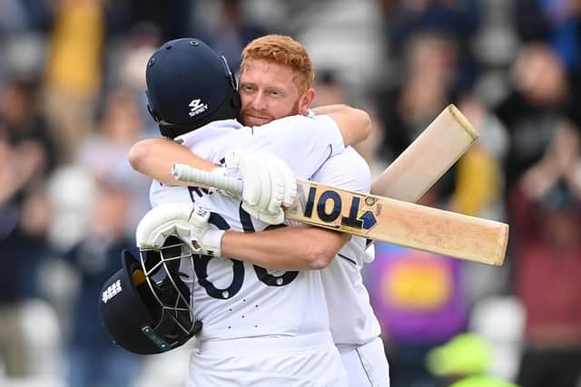 Jonny Bairstow of England celebrates victory with Joe Root at Headingley. (Photo by Alex Davidson/Getty Images)
