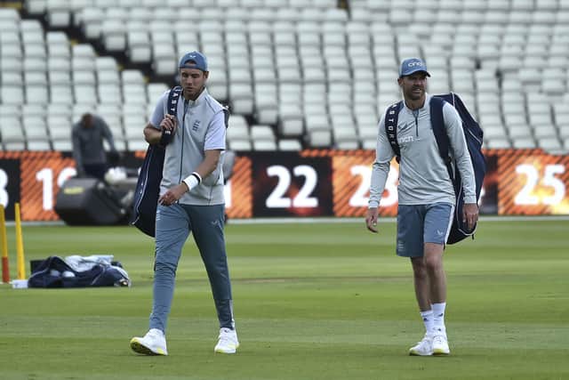 PUSHING IT: England's Stuart Broad, left, and James Anderson after Thursday's training session ahead of the fifth cricket test match between England and India at Edgbaston Picture: AP/Rui Vieira