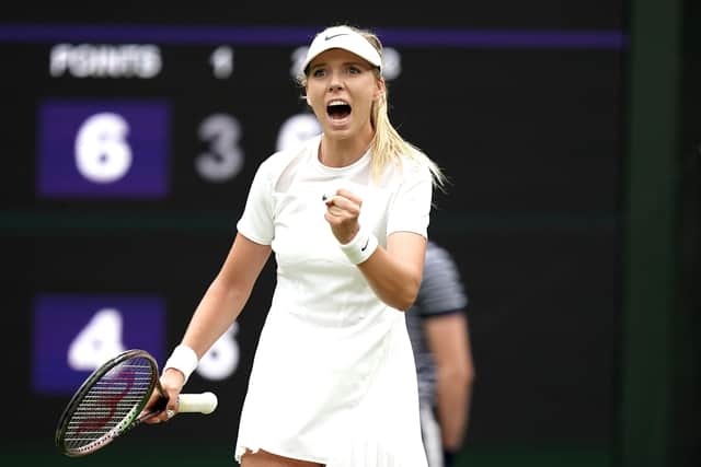 Katie Boulter celebrates winning the second set during her second round match against Karolina Pliskova  at Wimbledon. Picture: Aaron Chown/PA