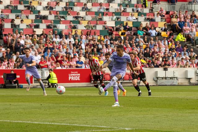 PARTING GIFT: Raphinha converts his penalty in Leeds United's final game of last season, at Brentford