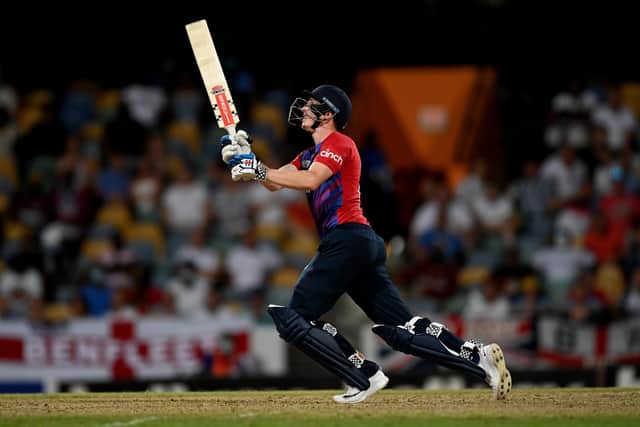 SHOW ME AGAIN: Harry Brook hits out for England in their T20 International match against West Indies at the Kensington Oval in January this year. Picture: Gareth Copley/Getty Images