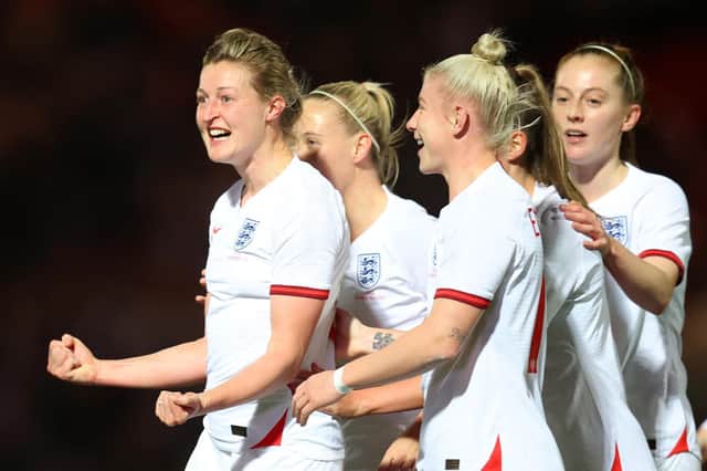 England women celebrate during their 20-0 win over Latvia in November. Pic: Catherine Ivill.