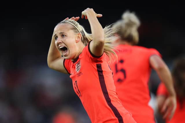 Arsenal attacker Beth Mead celebrates scoring against the Netherlands at Elland Road in June. Pic: George Wood.