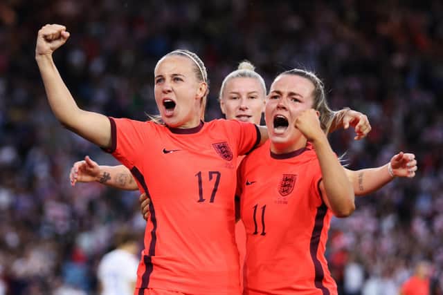 Summer hopes: Beth Mead celebrates with England team-mate Lauren Hemp as they beat the Netherlands at Elland Road, in a Euro 2022 warm-up game. (Picture: George Wood/Getty Images)