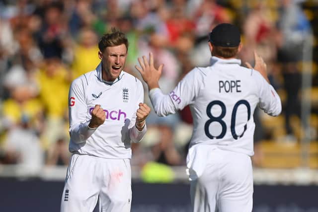 Joe Root celebrates taking the wicket of Rishabh Pant of India with Ollie Pope. (Photo by Alex Davidson/Getty Images)