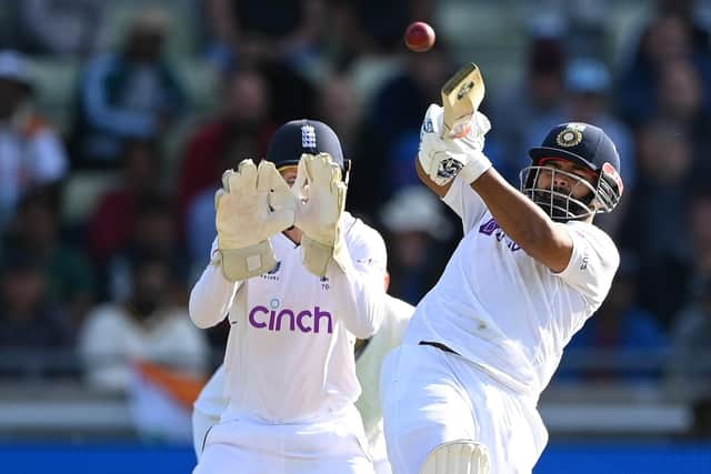 India batsman Rishabh Pant hooks Joe Root for four.  (Photo by Stu Forster/Getty Images)