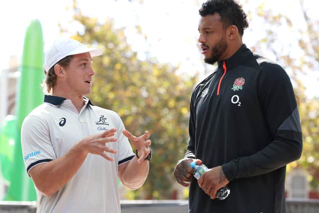 Wallabies captain Michael Hooper speaks to England captain Courtney Lawes during a media opportunity ahead of the Wallabies v England Test series (Picture: Paul Kane/Getty Images)